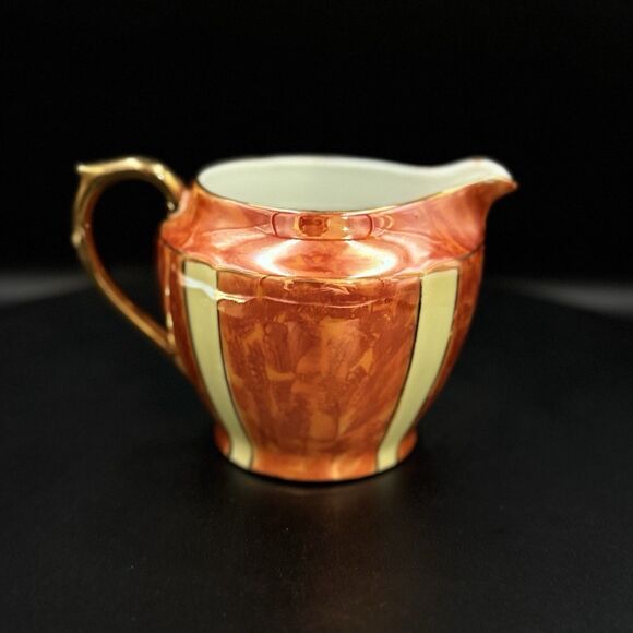 Vintage Oscar Schaller & Co. Orange Lusterware Creamer With Yellow Stripe Detail - Picture 3 of 6